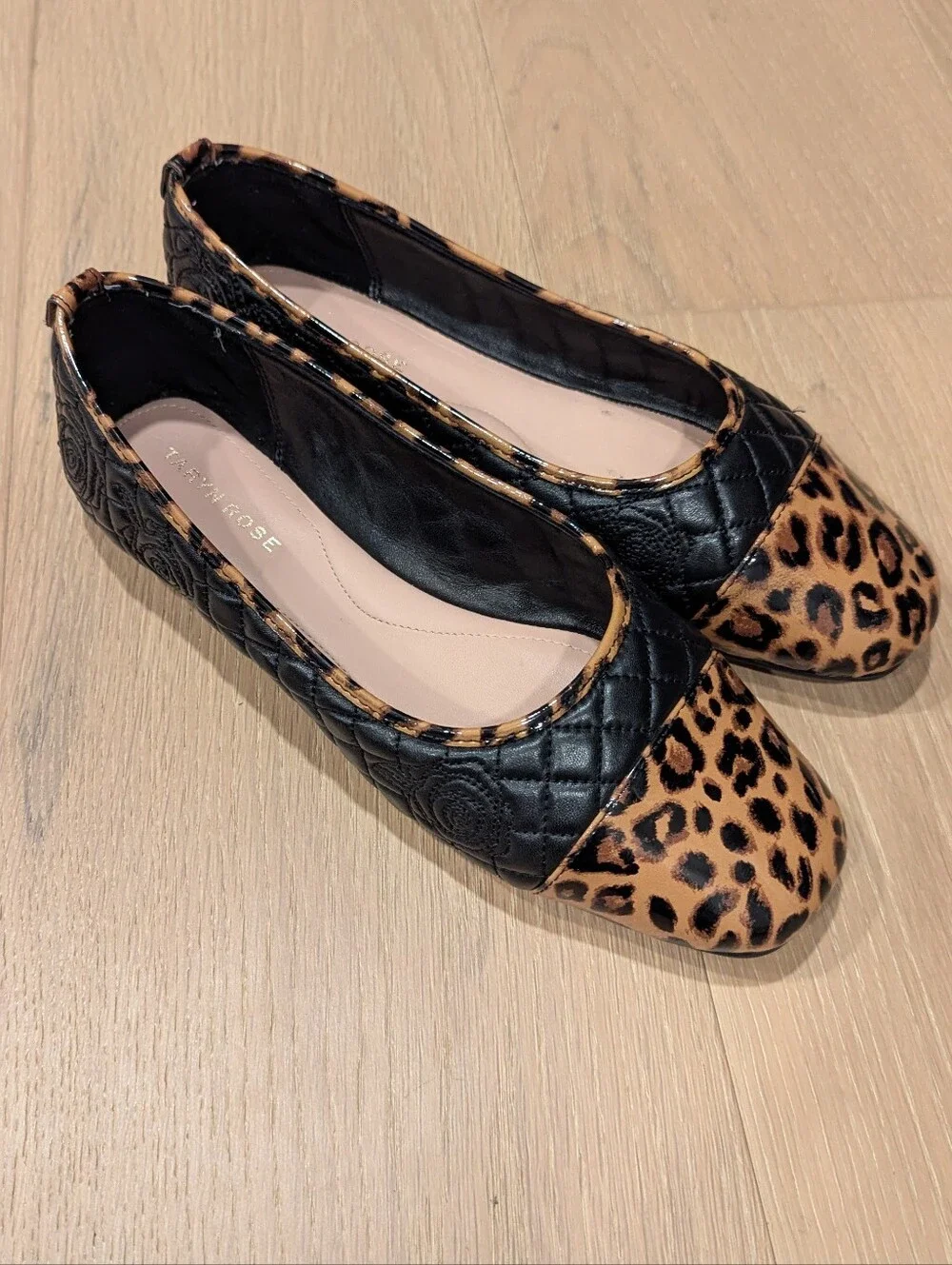 Taryn Rose Quilted Black Flats with Leopard Cap Toe